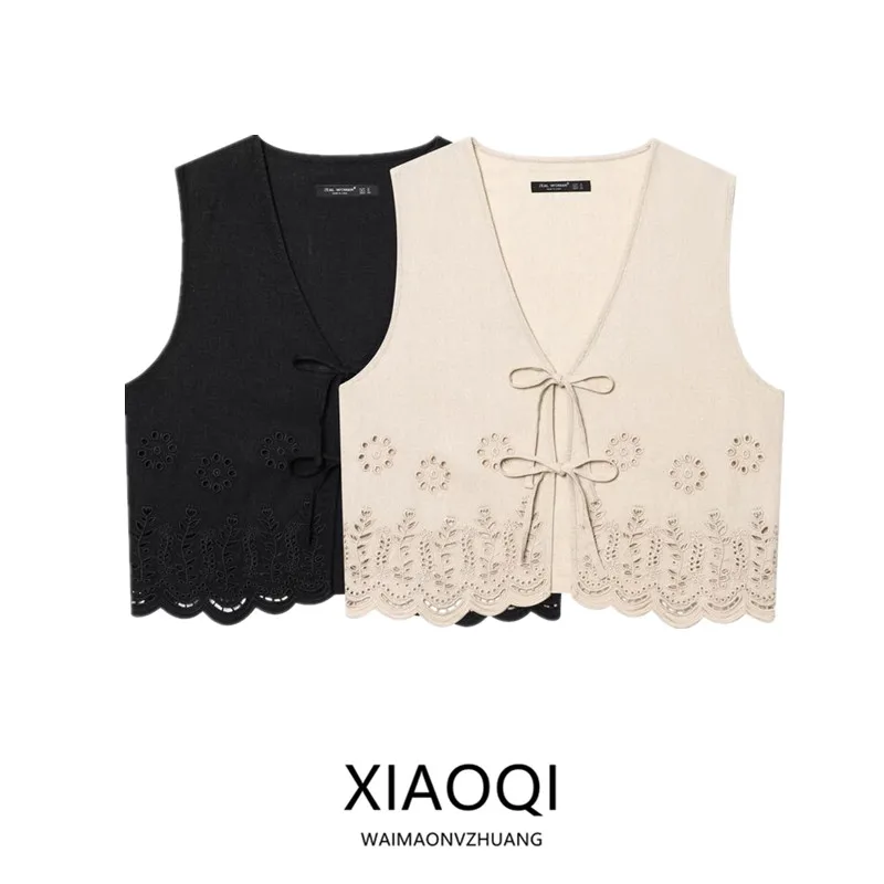 

2025 Summer New Women's Fashion Versatile Hollow out Embroidery V-Neck Sleeveless Vest Tank Top Short Length Other Material