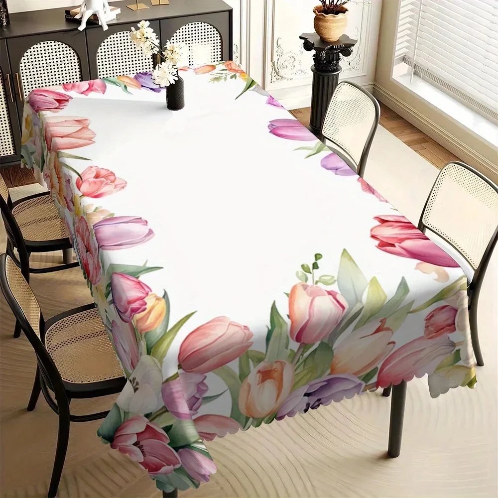 

Spring Style Tulip Tablecloth Waterproof Polyester 2D Flat Printed Decorative Table Cover For Family Gathering Dinner