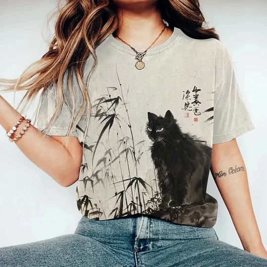 

Chinese Style Black Cat Pattern Summer Girls Short Sleeved Breathable Casual T Shirt