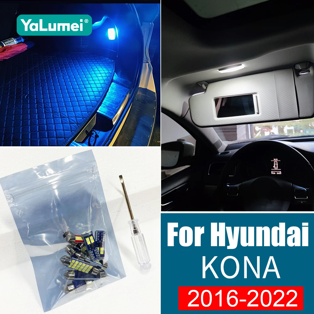 

Для Hyundai KONA 2016-2022 EV: Комплект из 12 светодиодных ламп для салона, освещения номерного знака и багажника