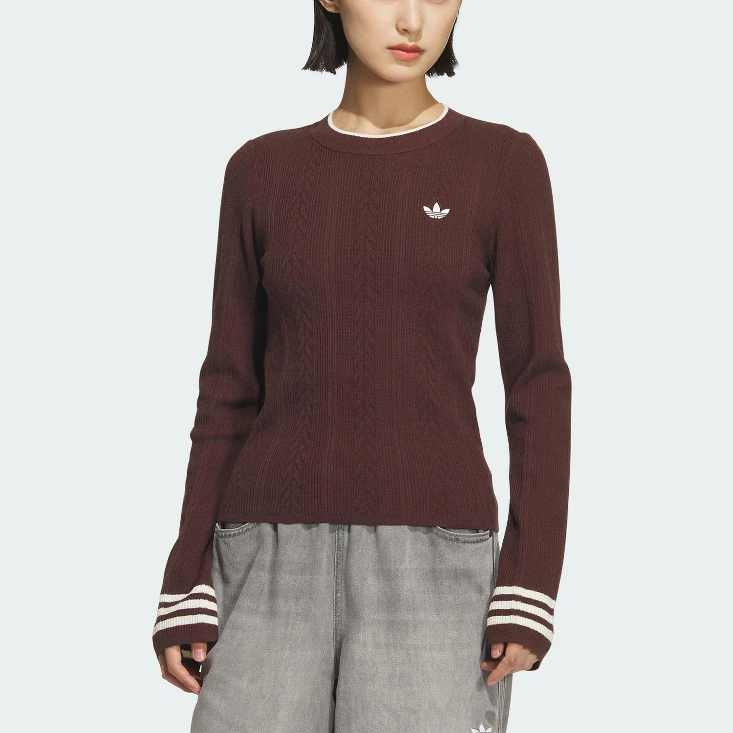 Adidas genuine Three Leaves Women's Round-neck Knitted Striped Hooded Sweatshirt KS5966