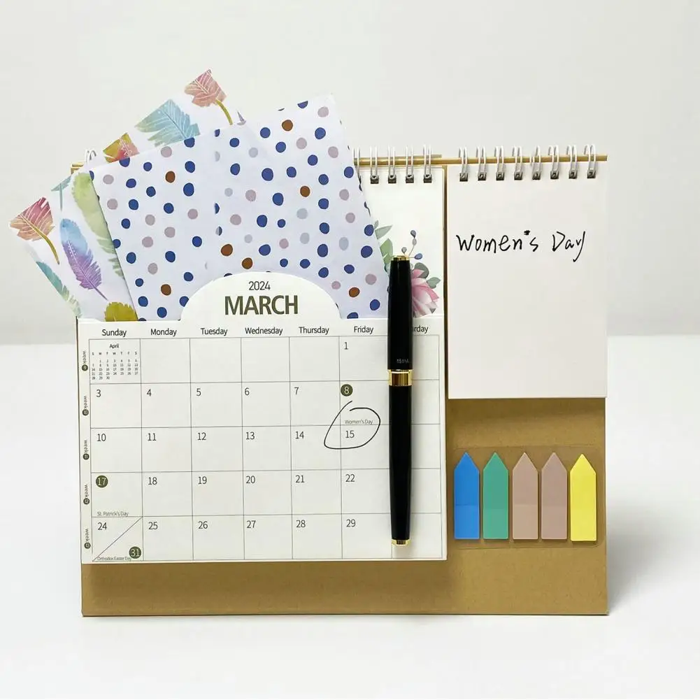 2024 Desktop Calendar with Pocket Notepad Labels Monthly Schedule Planner for Home Office School