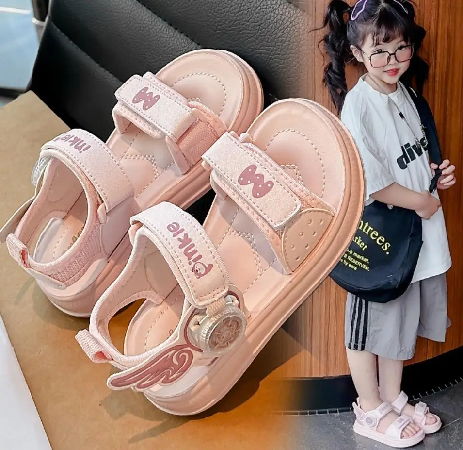 Girls' Princess sport Sandals Spring/Summer sneakers2026 New children Open-Toe Beach Shoes Fashion Wing design hook &loop Sandal