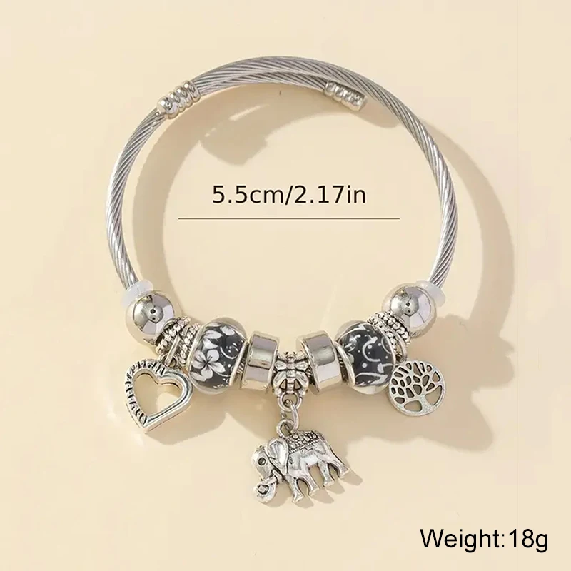 Cute Heart Tree Of Life Elephant Charm Bracelet Black Flower Glass Bead Twisted Cable Bangle For Girls Women