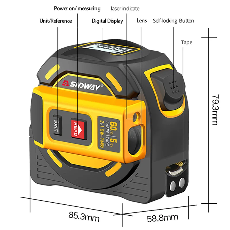 Sndway 60M Laser Measuring Tape Retractable Laser Ruler Measure 5m Professional Digital Distance Meter Rangefinder Trena Roulett