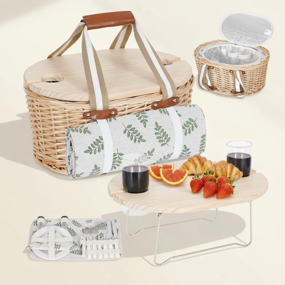 

Insulated Picnic Basket Set for 2 with Waterproof Blanket & Wine Table - Perfect for Couples Outdoor Camping Dates