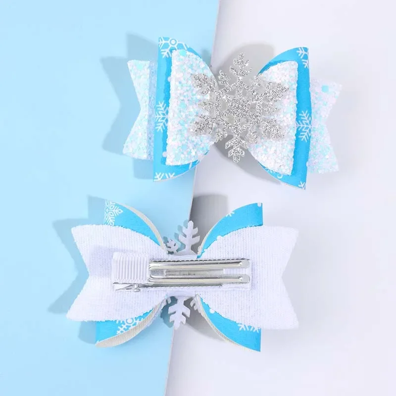 ncmama 2PCS Christmas Snowflake Bow Hairpins Sweet Girls Exquisite Glitter Snowflake Hair Clips Kids Barrettes Hair Accessories