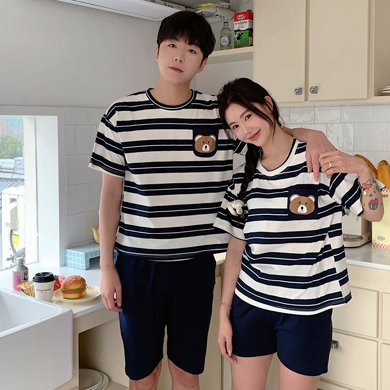 M-3XL L-4XLCouple set pure cotton simple striped round neck short sleeved shorts summer clothing men's and women's pajamas