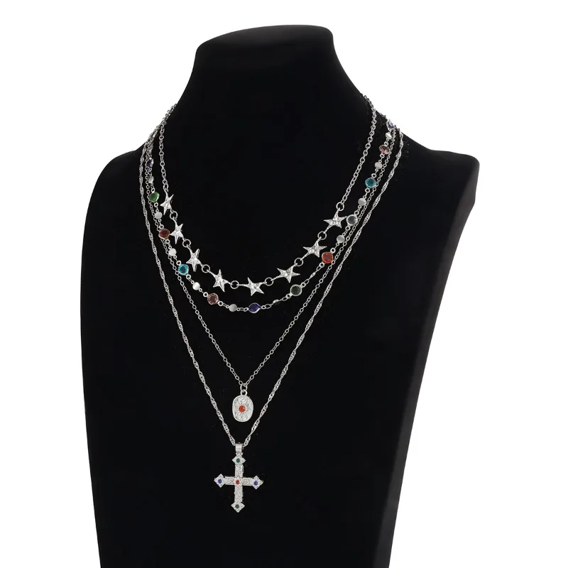 4 Layer Stackable Necklace Set for Men, Vintage Star Cross Pendant Inlaid Color Crystal European American Fashion Jewelry
