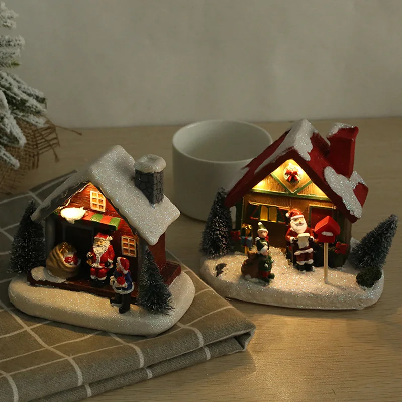 Christmas Decorative Resin Christmas House Mini Crafts Luminous Small House Hotel Scene Layout Table Decoration New Year's Gifts