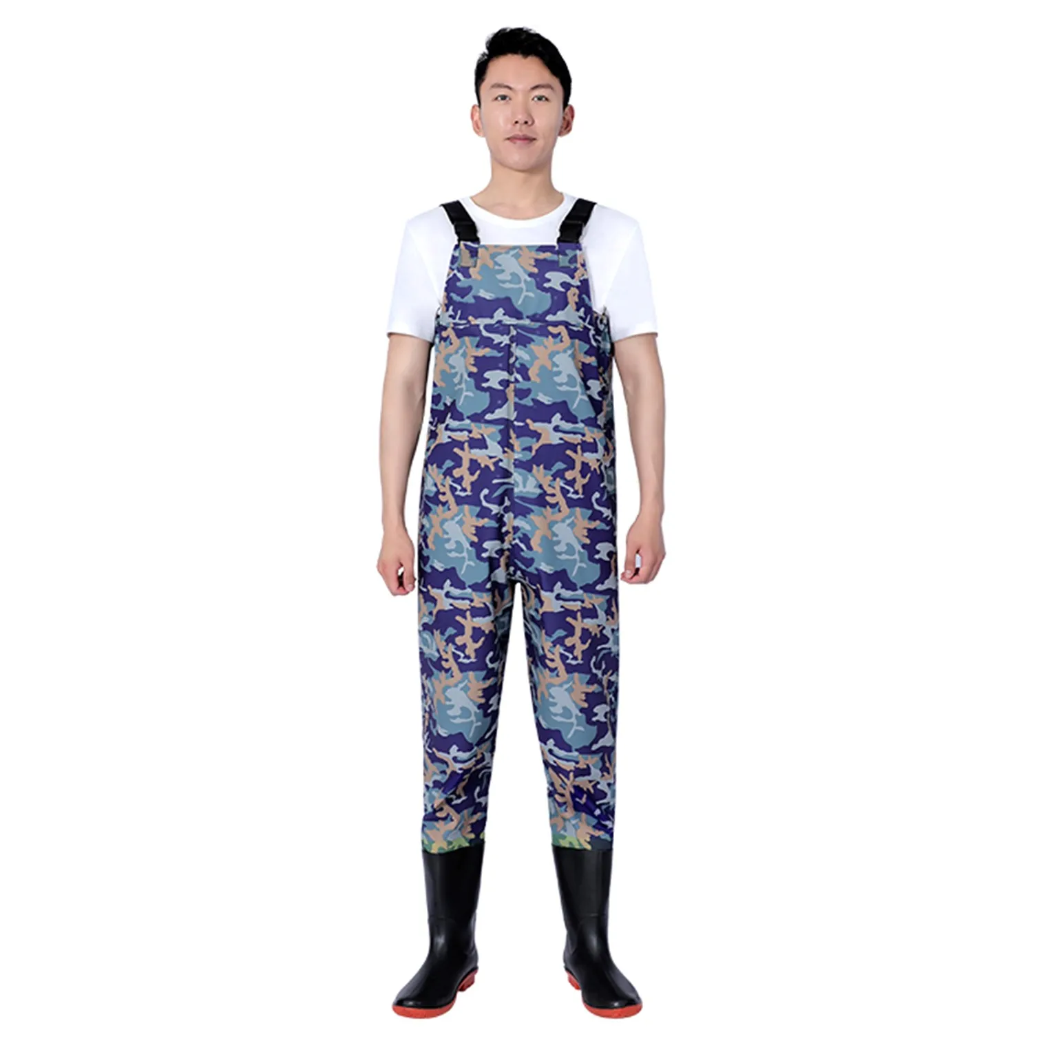 Blue Camouflage Extra Thick PVC Fisherman Bib with Footboot -30℃ Freeze Resistant Fishing Waders Breathable Waterproof Overalls