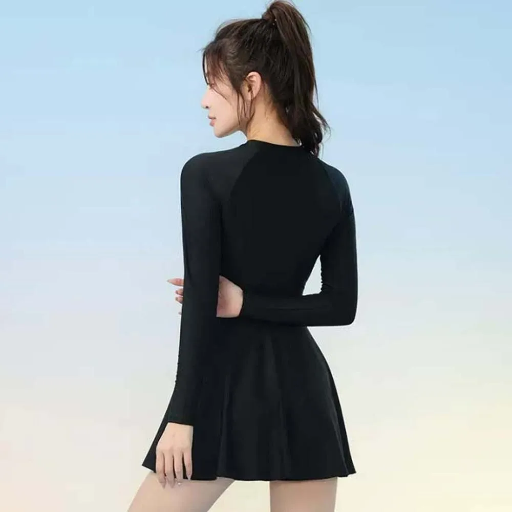 

3pcs Beachwear Long Sleeve Swimsuit Sun Protection Underwater Clothings Women Bathing Suit Black Smooth Swim Dress with Pants