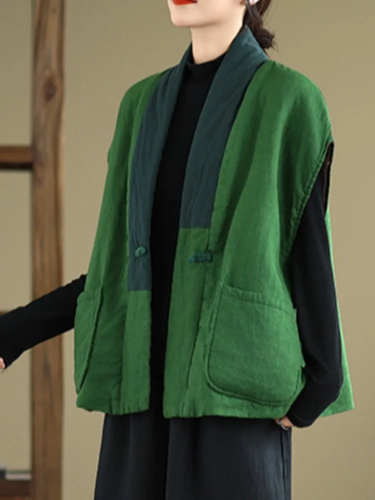 Retro Style Patchwork Color Block Women's Cotton Jacket Vest Thickened Cotton Linen Mixed Fill Winter Outerwear Coat