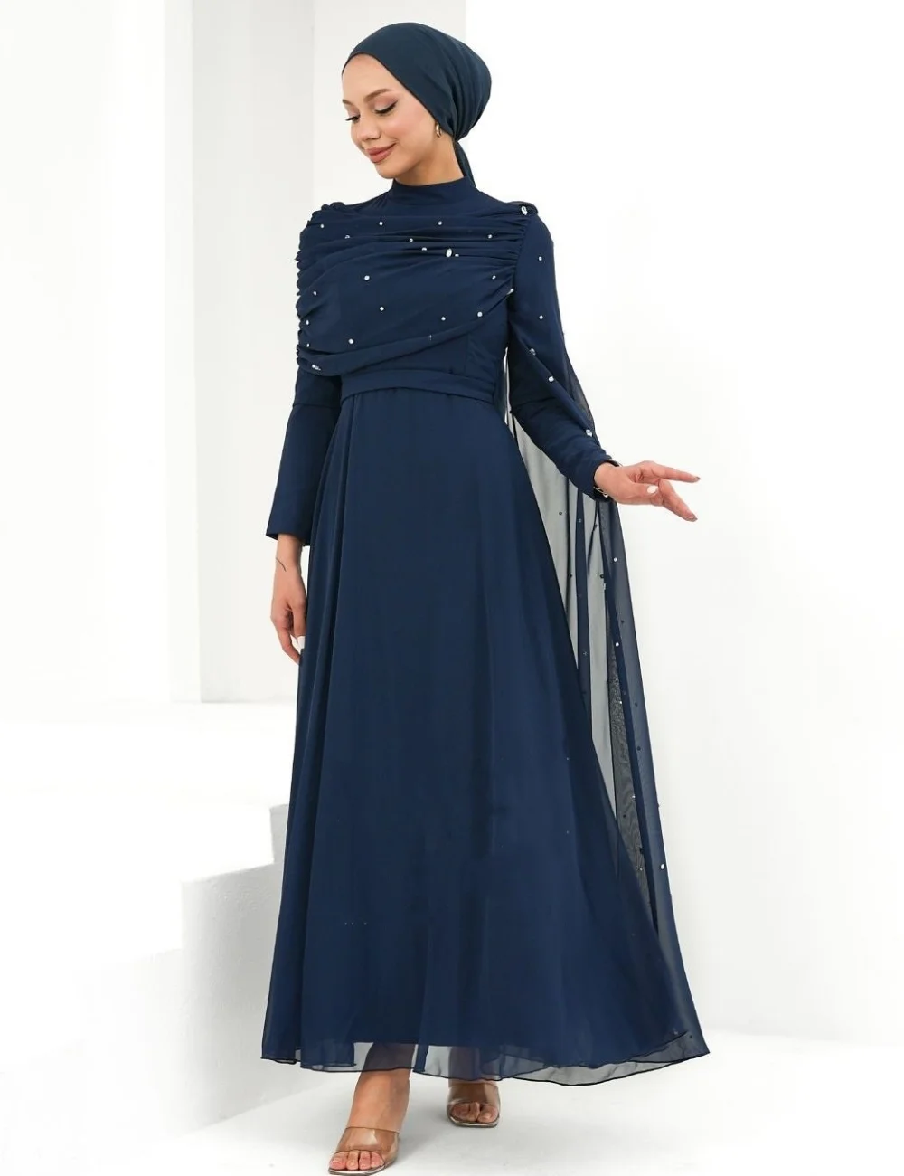 

Customized High Quality Chiffon Pleat Sequined A-line High Collar Midi Dresses Bespoke Occasion Evening Chinese Style