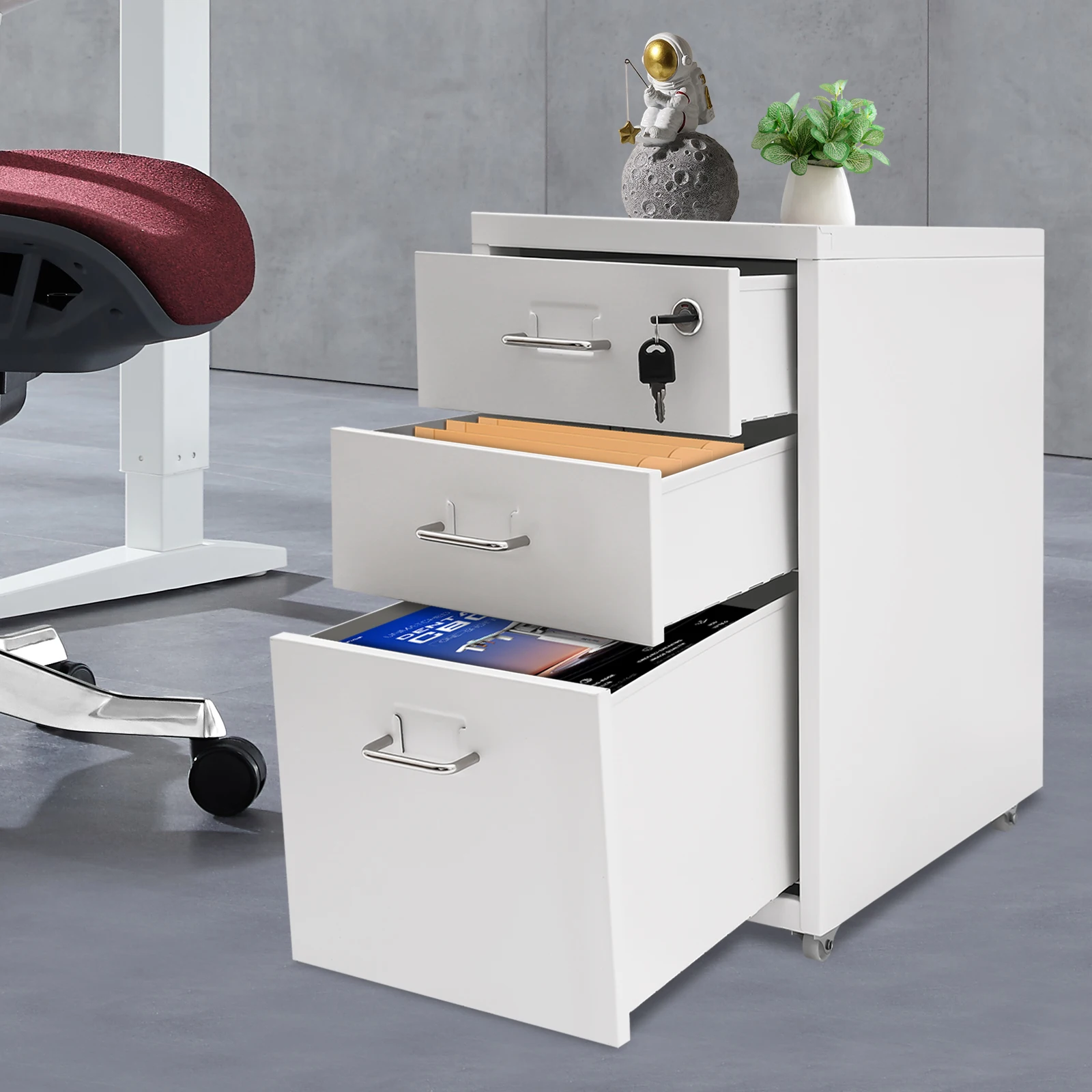 

Металлический шкаф для документов с 3 ящиками, колесиками и замком, белый офисный шкаф для хранения, вертикальный органайзер для файлов на колесиках, мобильный ящик для файлов