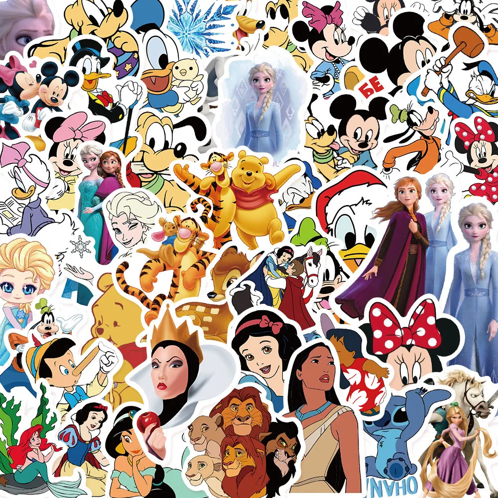 10/50/100Pcs Mix Disney Character Stickers Mickey Mouse Winnie Princess Anime Stickers Suitcase Laptop Car Graffiti Skateboard