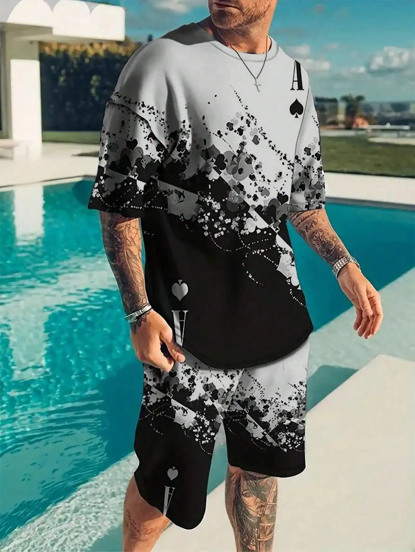 

Summer Loose Men's Color Splash Spot with Letter A Print Casual and Comfortable Short Sleeve Shorts Set