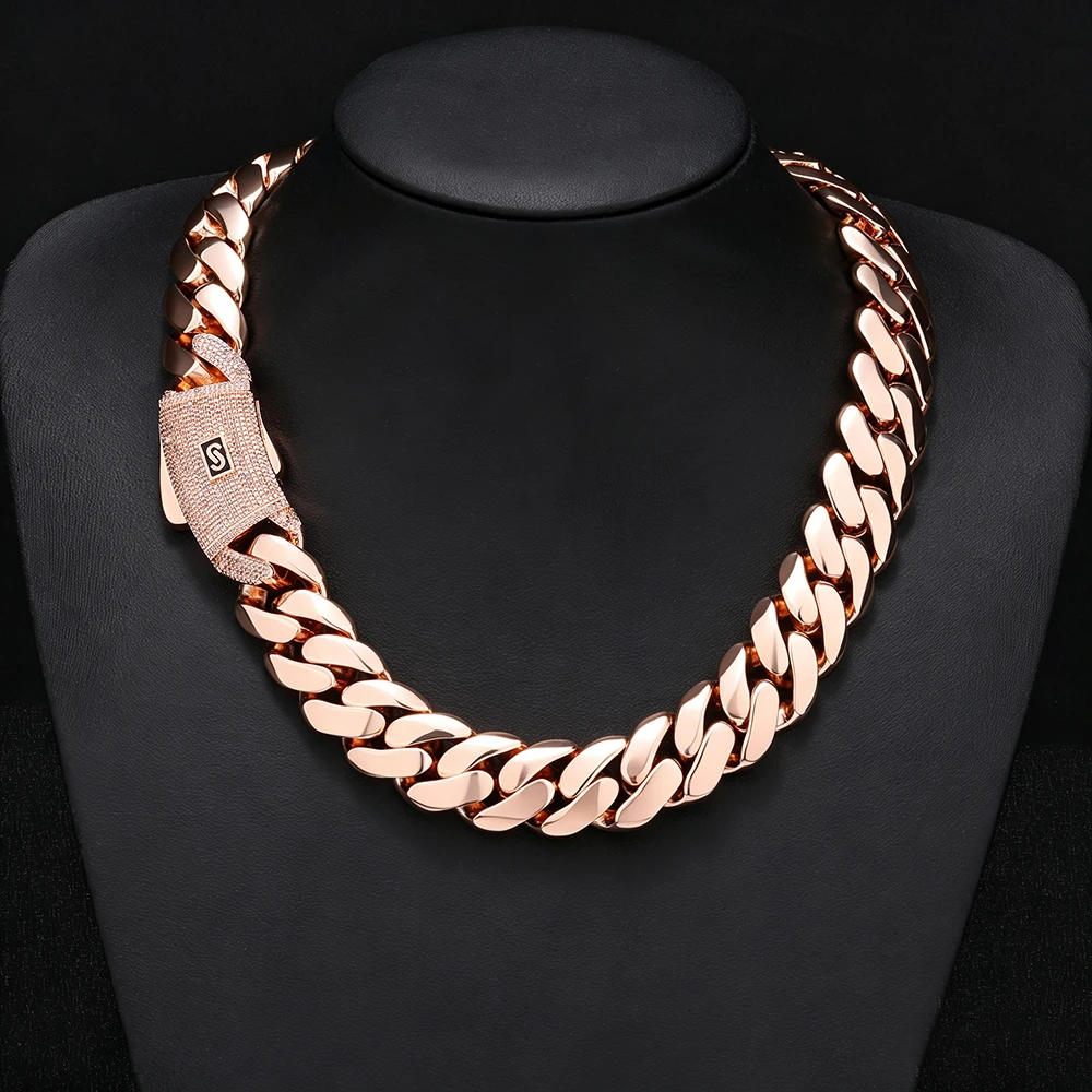 HHIOK 20mm/22mm/26mm Rose Gold Cuban Link Chain Brass Inlaid 5A CZ Iced Out Bracelet Necklace Hip Hop Streetwear Jewelry