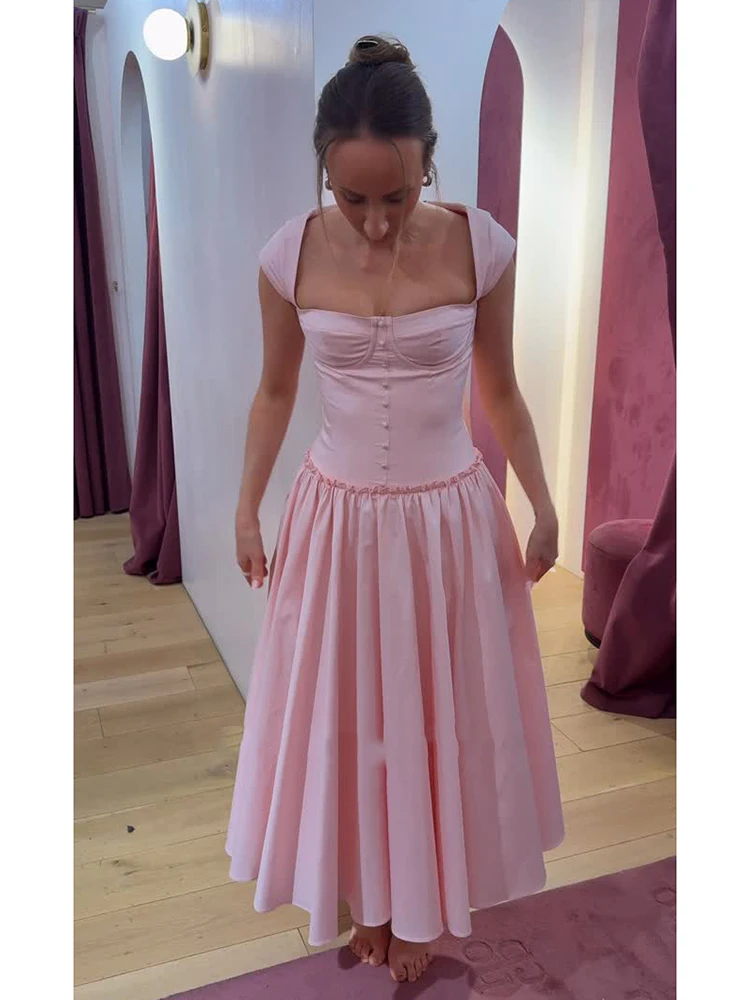 

Solid Sleeveless Corset Dress Women Elegant Square Neck Wide Strap Button Slim Fit Dresses 2026 Summer New Lady Daily Vestidos