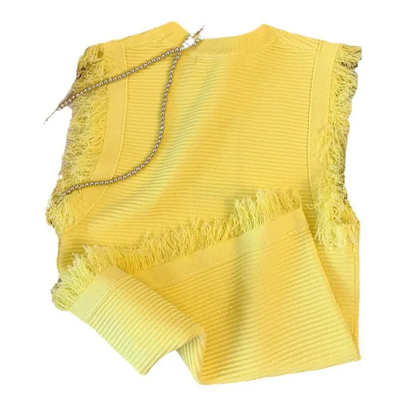 Tassel Sleeveless Yellow O Neck Knitted Tee Vest Women Casual Knitwear T-shirt Loose Casual Crop Tops