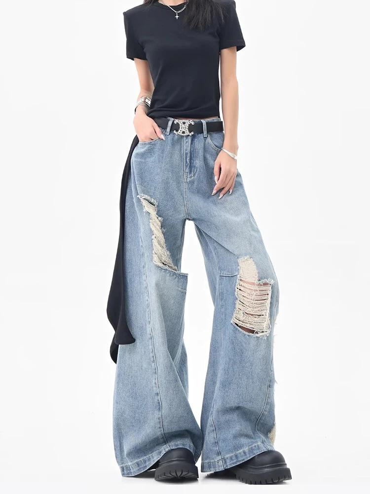 REDDACHiC Street Style Destroyed Baggy Jeans Patchwork Vintage Wash Low Waist Straight Wide Casual Pants Trousers Women Clothes