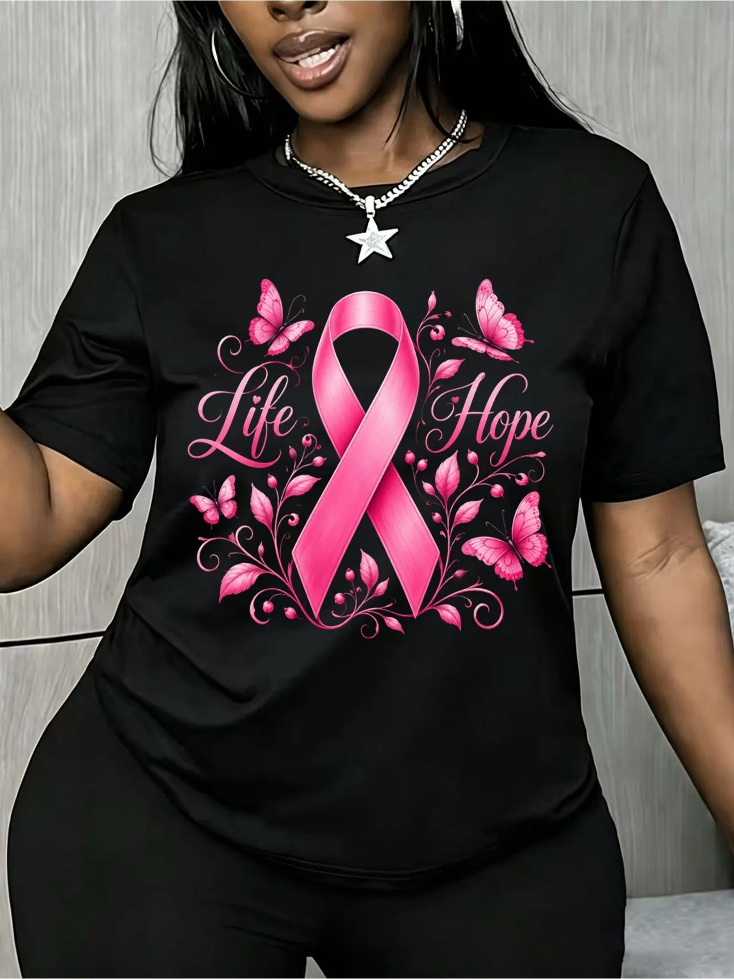Plus Size - Women's Plus Size T-Shirt, Breast Cancer Prevention Pink Ribbon Floral Butterfly Printing, Popular Fonts with Life & Hope, Casual Soft Top, Various Specifications Available, Suitable for Daily Wear
