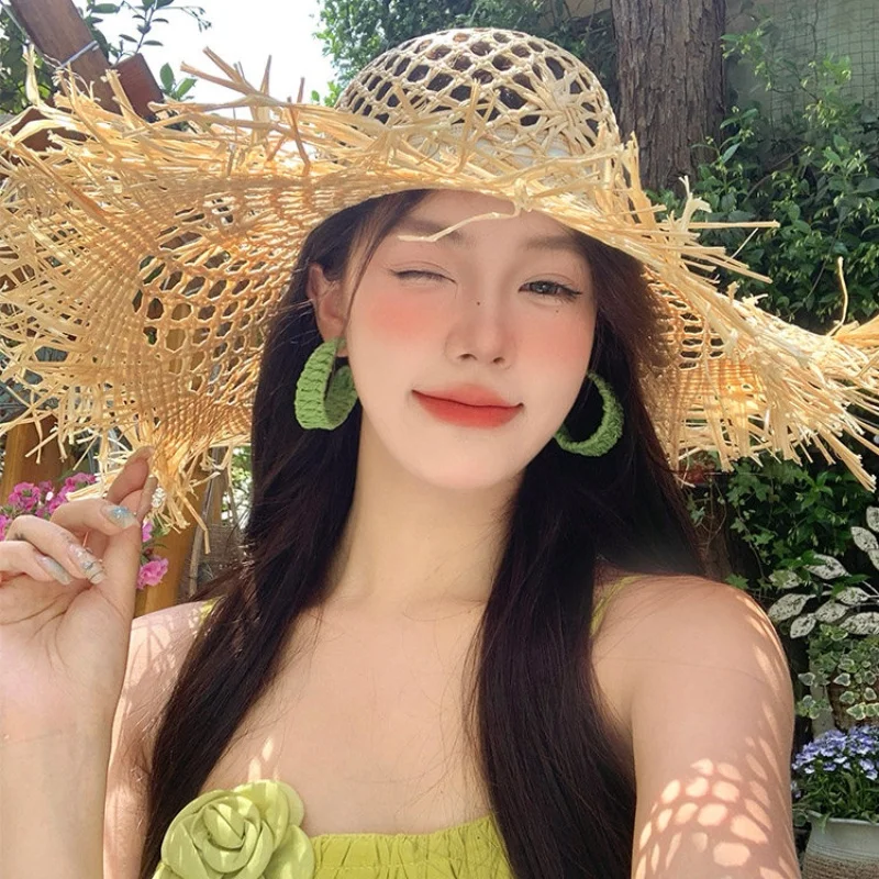 Lafite Straw Hat for Women Summer Beach Vacation Style with Hollow Brim Sun Protection Straw Woven Beach Sun Hat