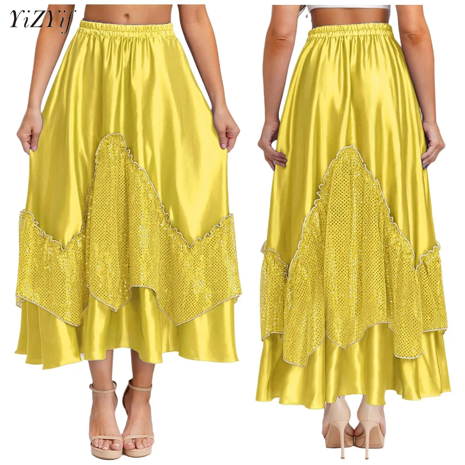 Zigeunerin Spanischer Flamenco-Rock Erwachsene Pailletten Satin Glatte große Schaukel Karneval Party Ballsaal Bauchtanz Kostüme Kleid