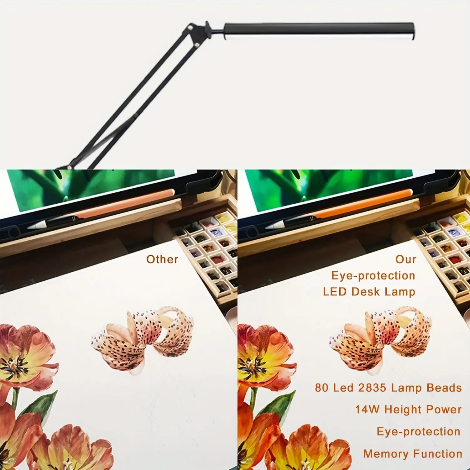 Anti Blue Light LED Clamp Desk Lamp Long Foldable Swing Arm 33CM Light Head 3 Color Dimmable Task Light For Study Nail Tattoo Ma