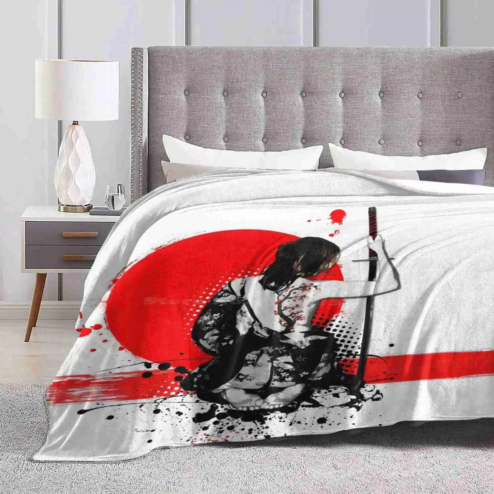 Female Samurai Hot Sale Printing High Qiality Warm Flannel Blanket Samurai Woman Female Girl Warrior Japan Spatter Sword Katana