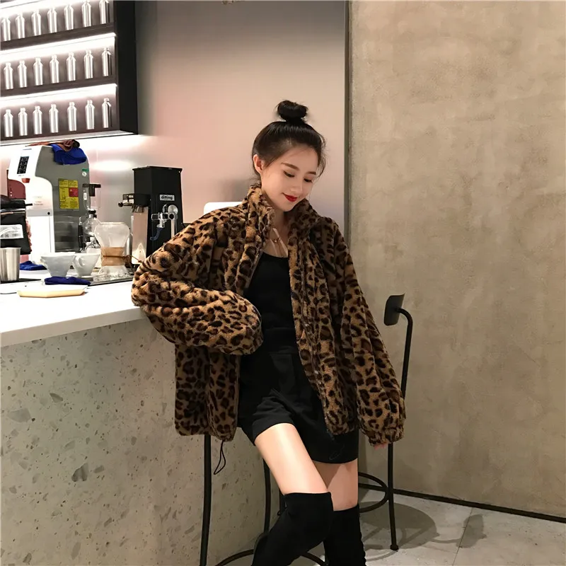 Jaqueta estampada de leopardo feminina, parkas quentes, gola alta, casacos soltos de pele sintética, outwear coreano feminino, outono, inverno, novo, 2022