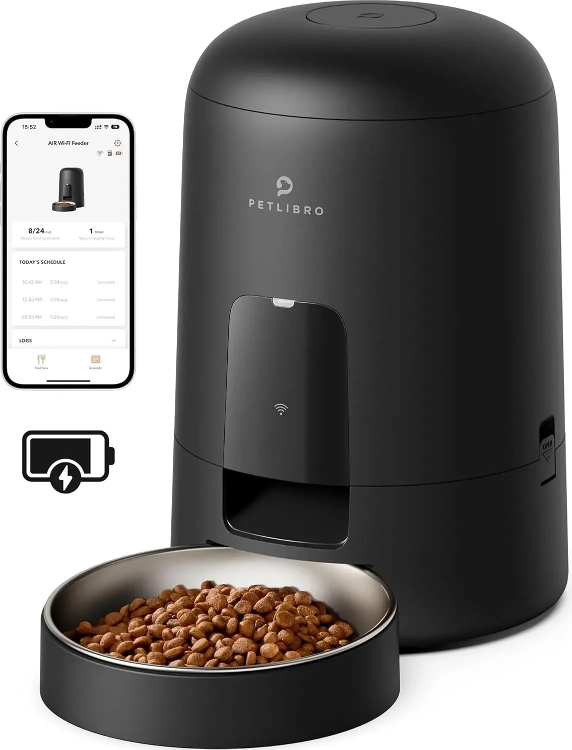 Automatic Cat Feeder, Wi-Fi Rechargeable Cat Food Dispenser Battery-Operated with 30-Day Life, AIR 2.4G Wi-Fi Timed Pet