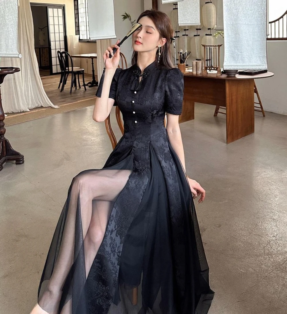 Qipao-Robe Noire Élégante à la Mode pour Femme, Style Chinois, Nouvelle Collection Été