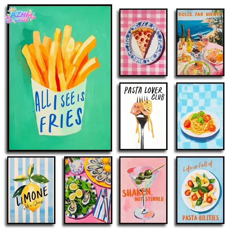 Food Wine Fruits Poster Canvas Paintings Pizza Pasta Avocado Sushi Wall Art Pictures for Home Kitchen Decor No Frame