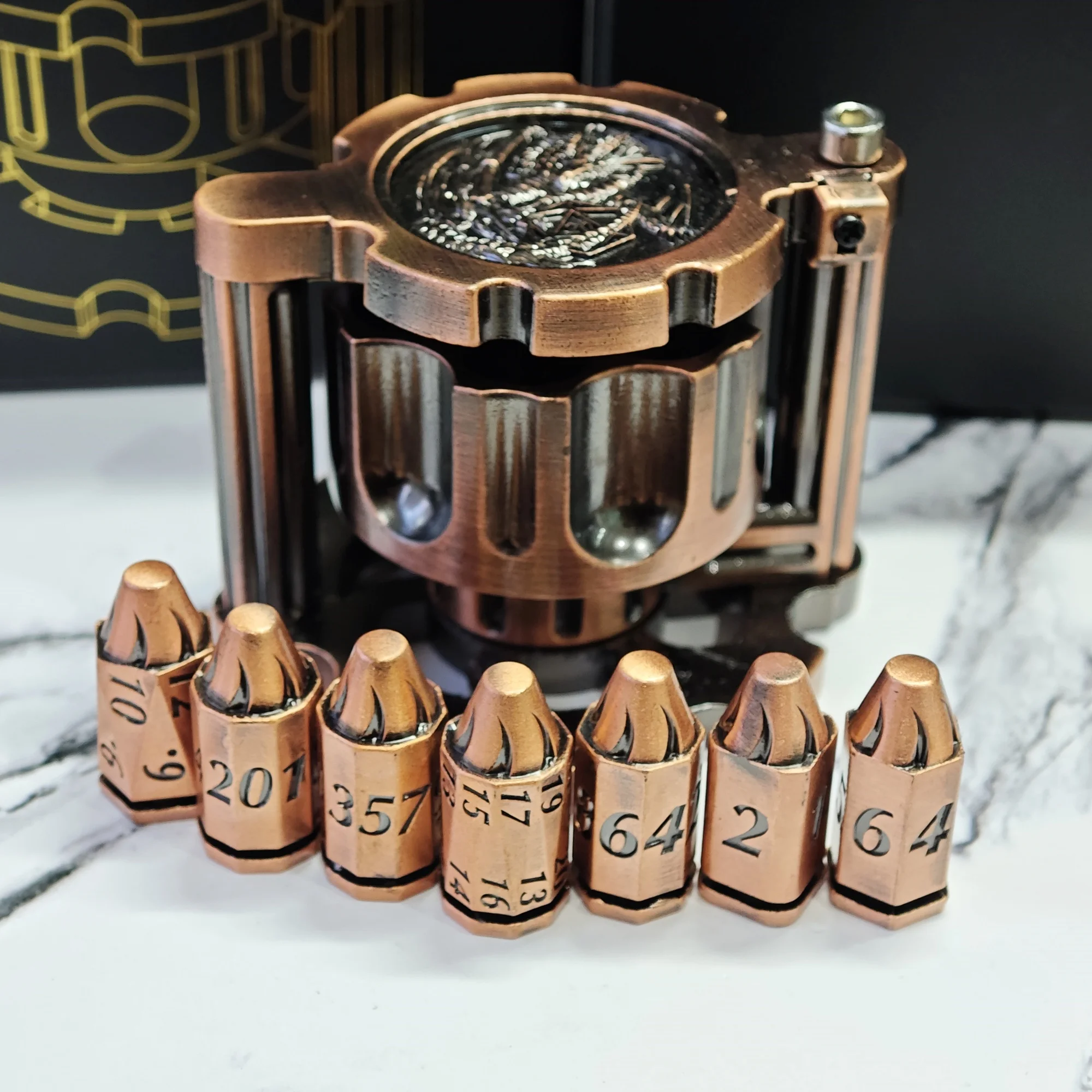 MINI PLANET Left Wheel Rotating Metal Bullet Dice Set TRPG DND Metal Dice Set with Spinning Wheel Cylinder Container Dice
