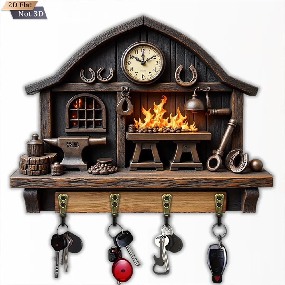 2D Flat, 1pc, Retro Blacksmith Workshop Key Hook, Wooden Multifunctional Home House Key Hook, with Four Metal Hooks, Wall
