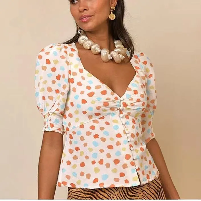 Women's Shirt 2024 New Spring Summer 100% Linen Printed V-neck Casual Short Puff Sleeve Blouse