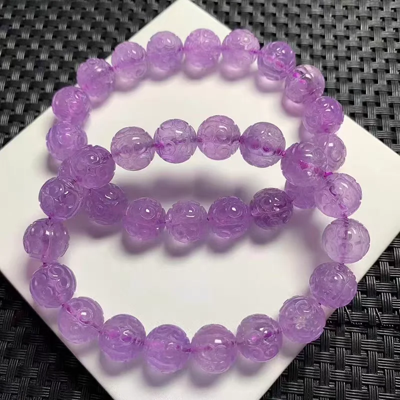 Natural Purple Amethyst Quartz Clear Bracelet 11mm Carved Round Beads Amethyst Women Men Stretch Purple Amethyst AAAAA