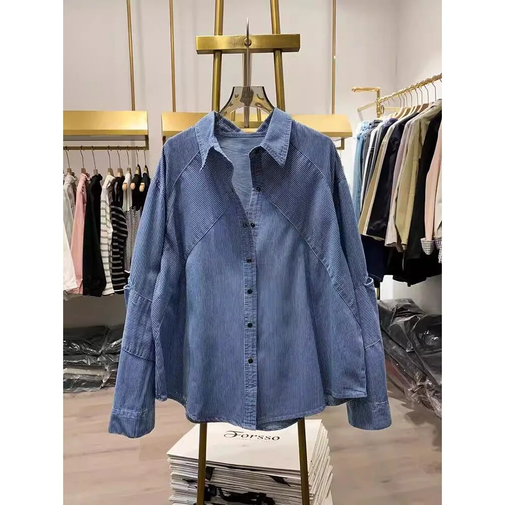 

SuperAen Spring 2026 New Women's Fashion Korean Style Loose Blue Striped Long-sleeved Shirt Top Oversize Casual Tops