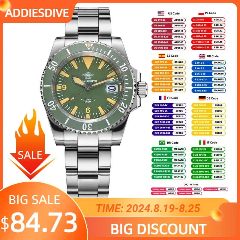 

ADDIESDIVE Sport Men Watches 200M Waterproof Ceramic Bezel Automatic Mechanical Watch AD2064 Stainless Steel Luminous Wristwatch