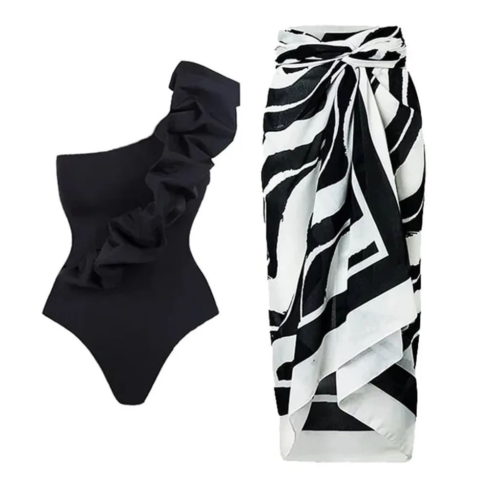 2025 2Pc Set Sexy One Piece Swimsuit Women with Cover Up Push Up Swimwear Print Bathing Suit Shoulder Summer Beachwear Beach image 2