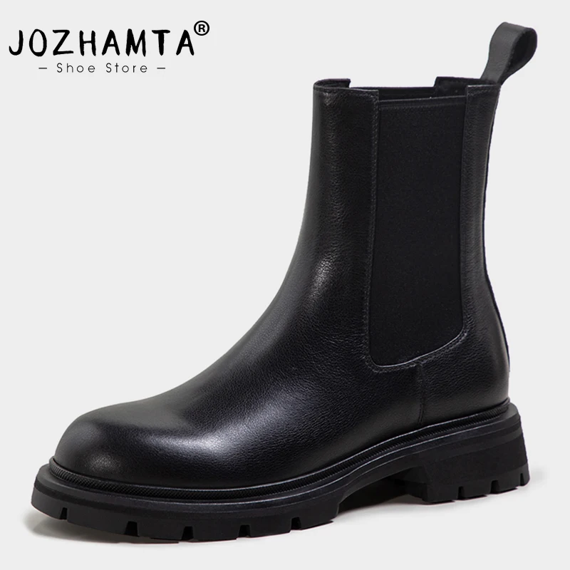 JOZHAMTA Size 34-40 Ankle Boots For Women Genuine Leather Elastic Band Chelsea Boots Chunky Heels Winter Shoes Woman Booties