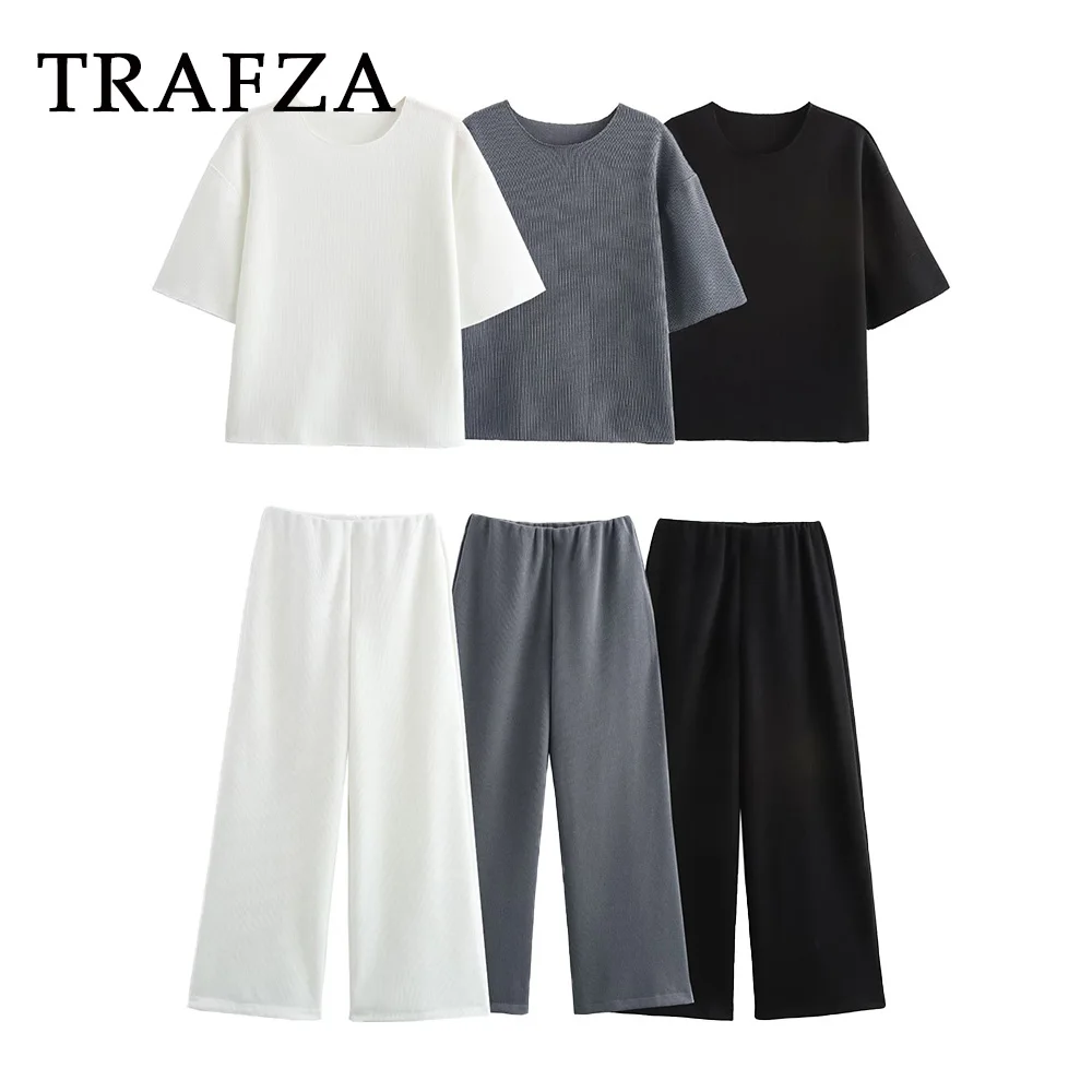 TRAFZA-T-shirt à Manches Courtes en Tricot pour Femme, Pantalon Long, Large, Taille artificiel astique, Gris Uni, Mode Décontractée, 2024