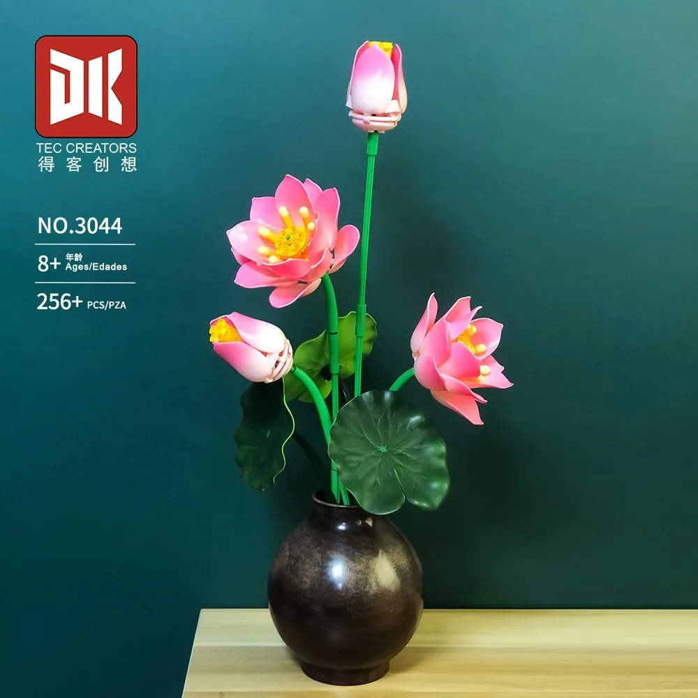 DK3044 256Pcs Perpetual Lotus Flower Building Blocks Creative Botanical Collection Plant In Round Bottle Desktop Decor Toy Gift