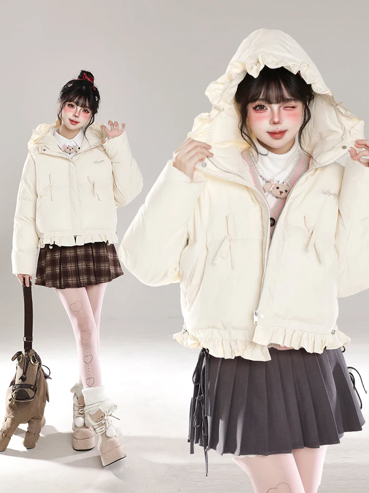 Cute Lace Trim Hooded Short Cotton Jacket Women's Winter Warm Stylish Matching Coat Small Size Comfortable Cotton Padded