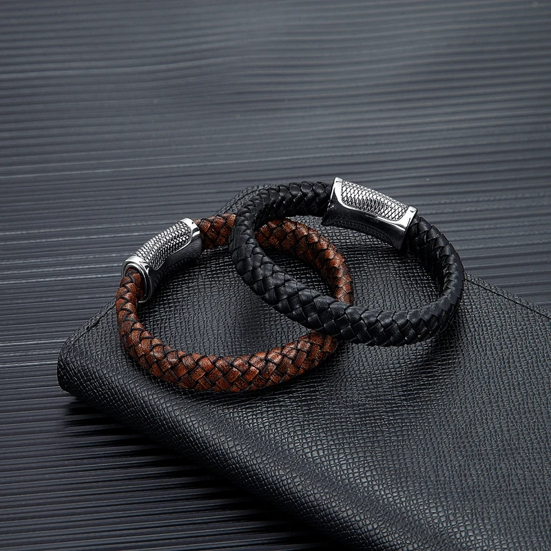 MKENDN Punk Style Men Retro Woven Genuine Leather Bracelet For Women Vintage Stainless Steel Dragon Scale Magnet Clasp