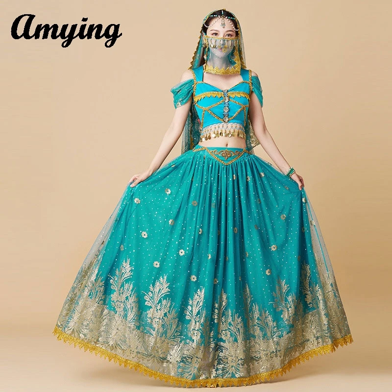 Oriental Princess Costume Indian Belly Dance Dress Women Short Sleeved Top+Long Skirt Set Ladies Performance Suit Holiday Best