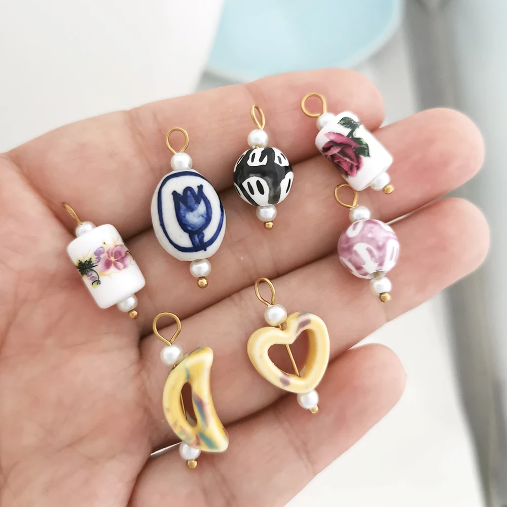 QMHJE Ceramics Pendant Charm Fish Heart Flower Moon Tulips Stainless Steel Geometric Imitation Pearl Blue Green Oval Wholesale