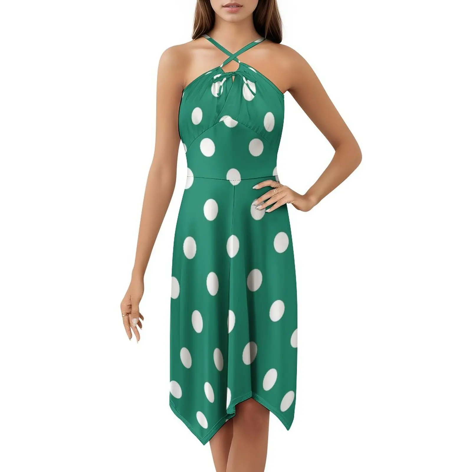 Large White On Elf Green Polka Dots Boho Chic Dress Elegant Fashion Beach Wedding Party Gown Large Polka Dots Big Polka Dots