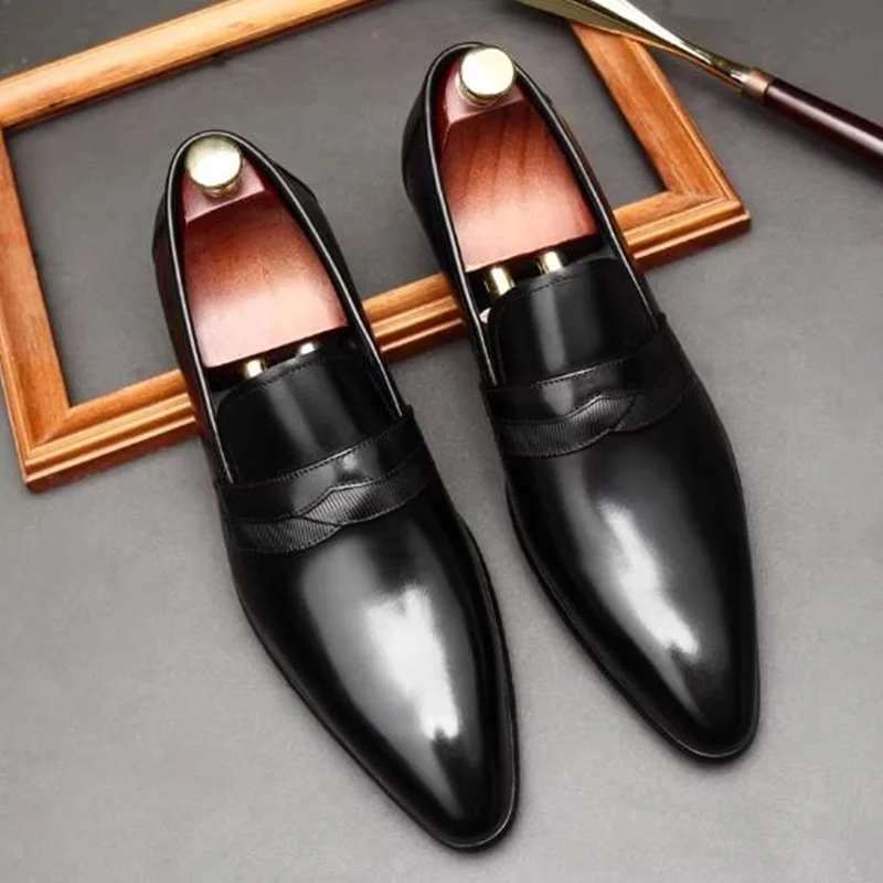 New Spring Summer Korean-style Pointed-toe Leather Shoes For Men Genuine First-layer Cowhide Leather Dress Loafers Slip-on